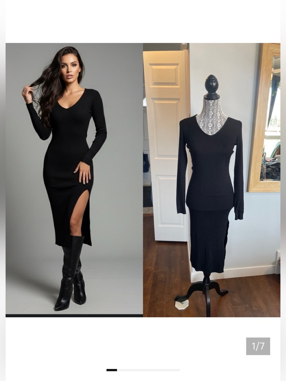 NWT Large Rib Knit Midi Dress With Slit. Black.